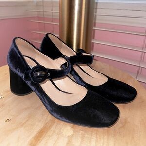 Prada Black Velvet Mary Jane Block Heel Pumps
